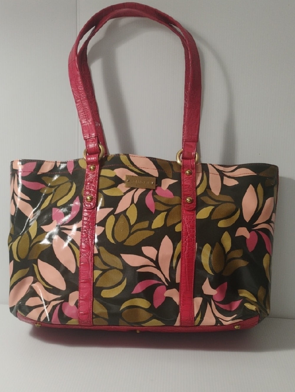 Brahmin Vibrant Pink & Olive Leaf tote Bag featuring Coated Canvas/Leather Trim